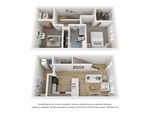 Floor plan for 1 bed, 1.5 baths, 1070 sqft